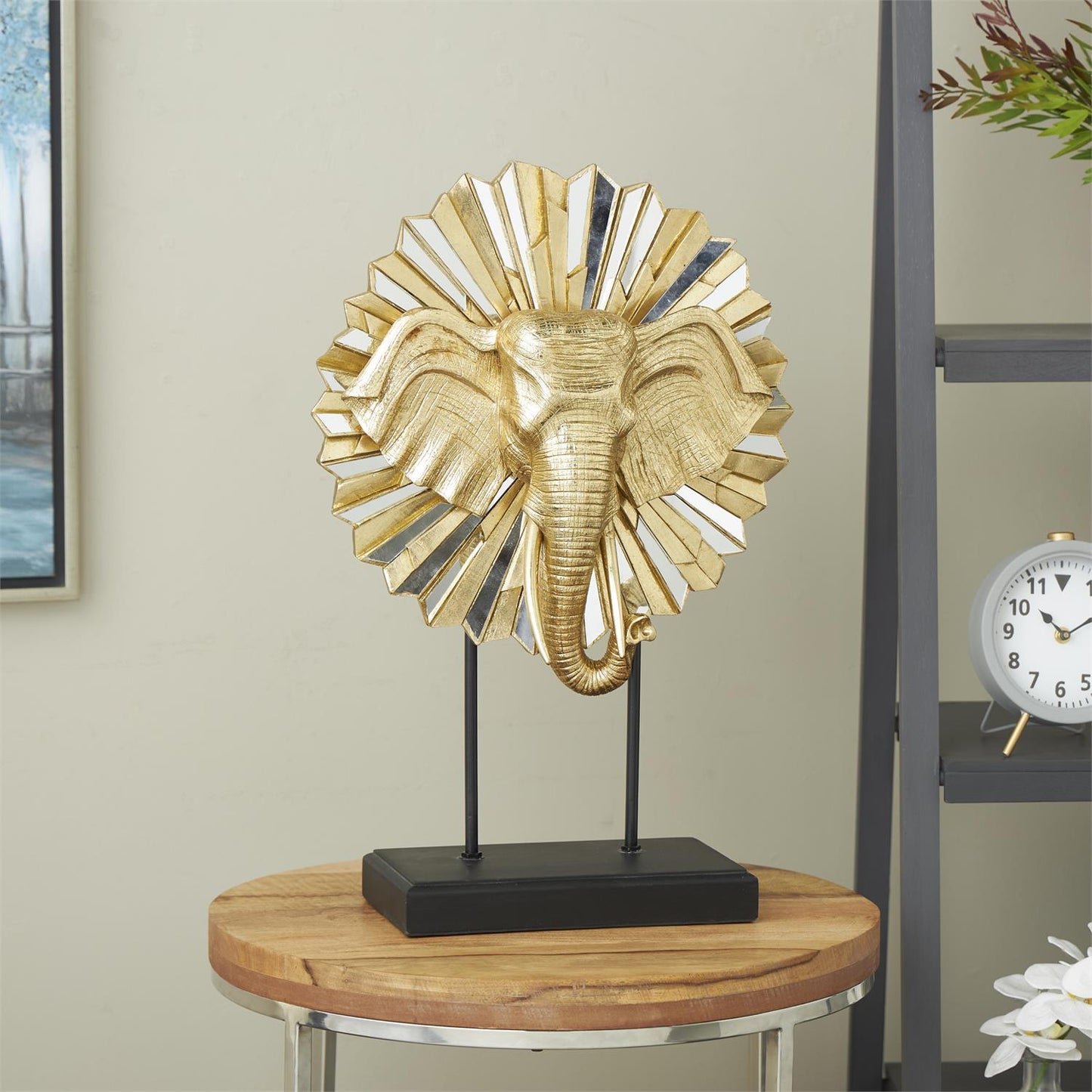 Gold Resin Elephant Decorative Sculpture with Mirrored Sunburst Accent and Black Stand