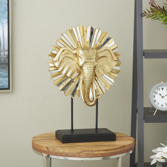 Gold Resin Elephant Decorative Sculpture with Mirrored Sunburst Accent and Black Stand
