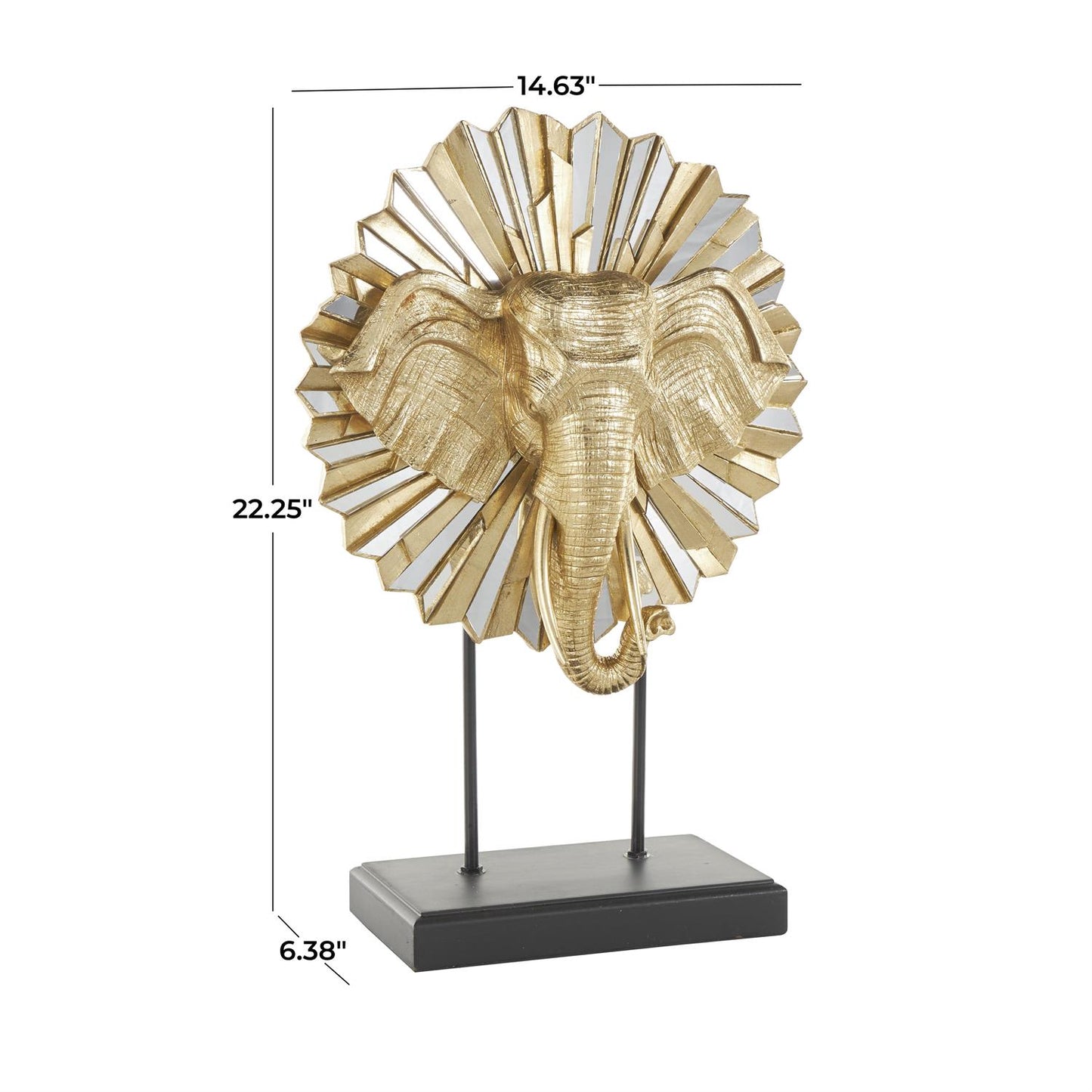 Gold Resin Elephant Decorative Sculpture with Mirrored Sunburst Accent and Black Stand
