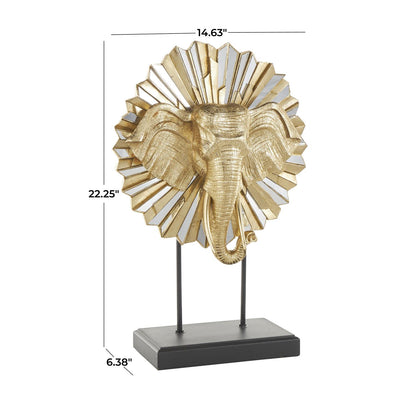 Gold Resin Elephant Decorative Sculpture with Mirrored Sunburst Accent and Black Stand