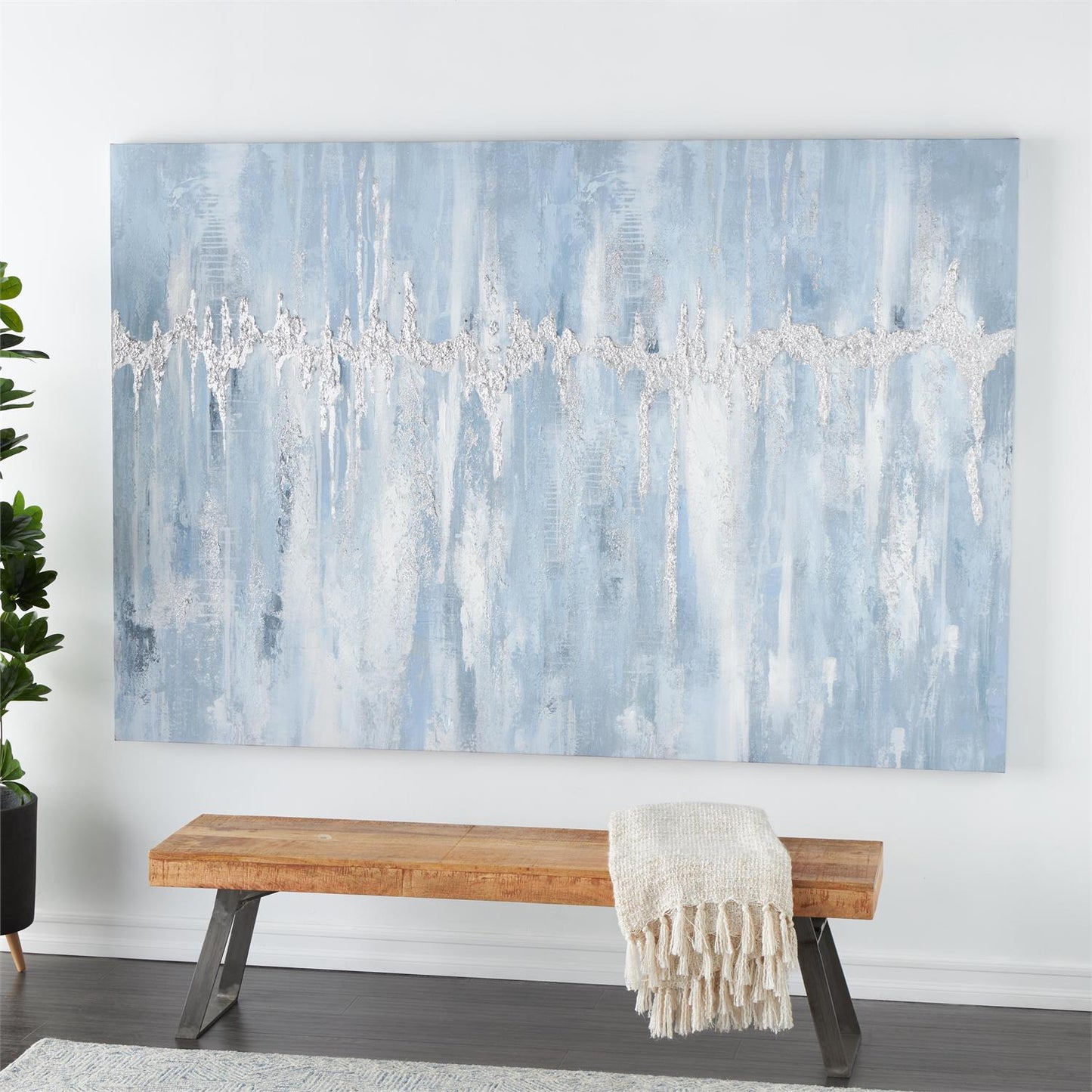 Light Blue Wood Abstract Decorative Wall Art with Silver Details