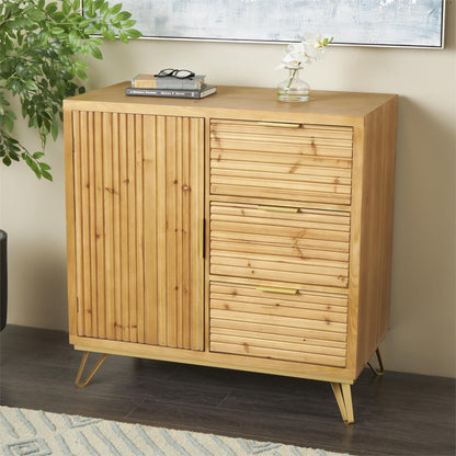 Brown Wooden Ribbed 1 Door and 3 Drawer Room Cabinet with Gold Metal Handles