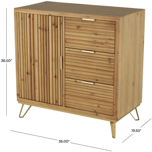 Brown Wooden Ribbed 1 Door and 3 Drawer Room Cabinet with Gold Metal Handles