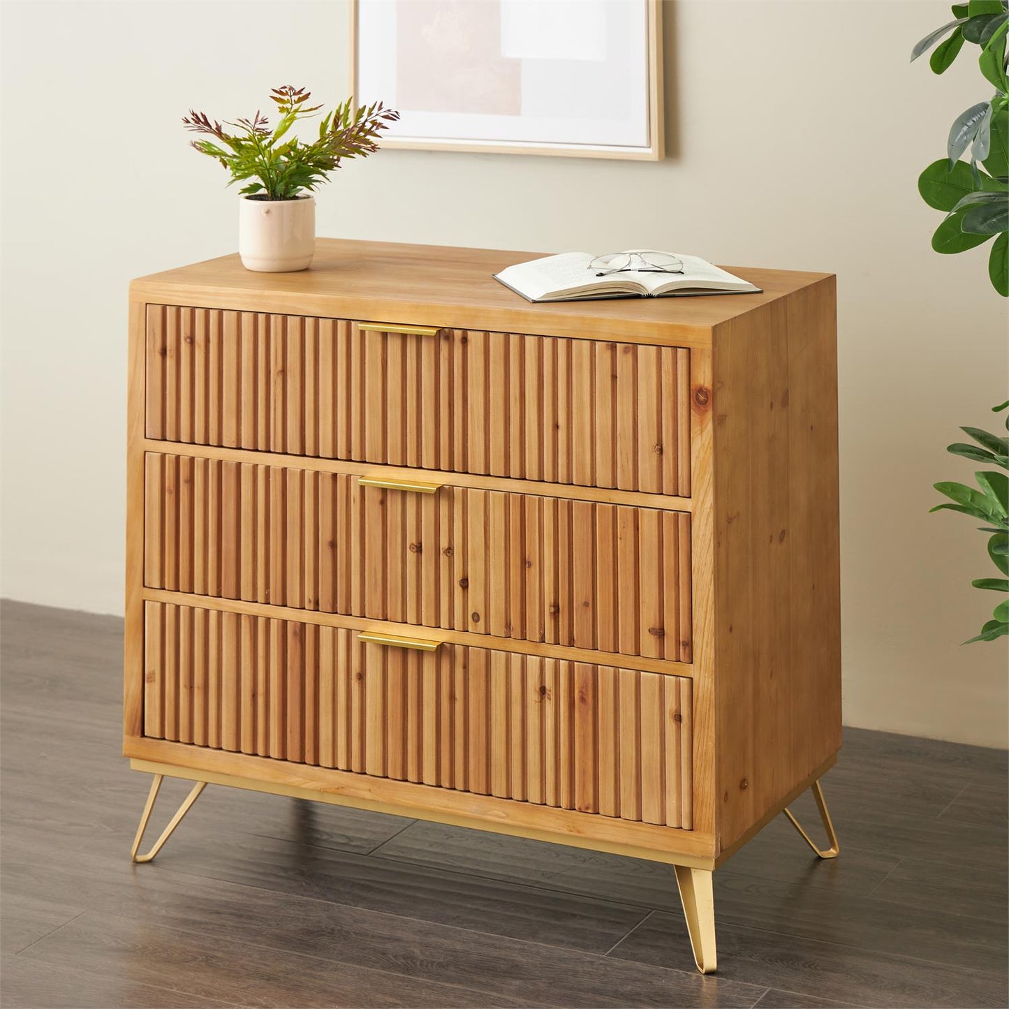 Brown Wooden Ribbed 1 Door and 3 Drawer Room Cabinet with Gold Metal Handles