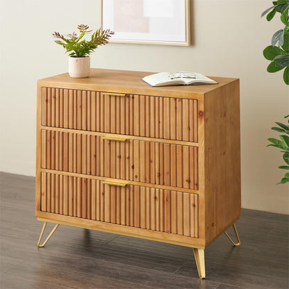 Brown Wooden Ribbed 1 Door and 3 Drawer Room Cabinet with Gold Metal Handles