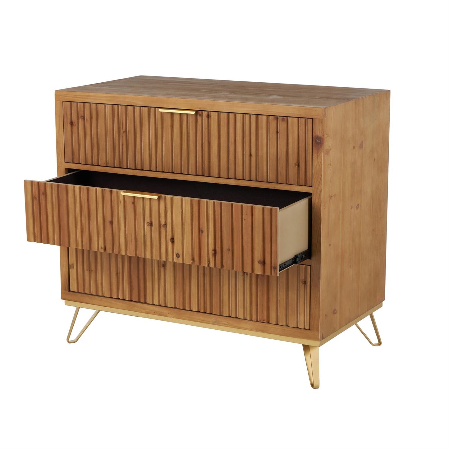 Brown Wooden Ribbed 1 Door and 3 Drawer Room Cabinet with Gold Metal Handles