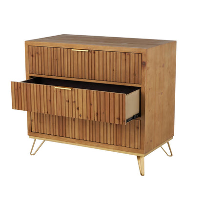 Brown Wooden Ribbed 1 Door and 3 Drawer Room Cabinet with Gold Metal Handles