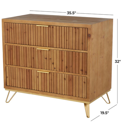 Brown Wooden Ribbed 1 Door and 3 Drawer Room Cabinet with Gold Metal Handles