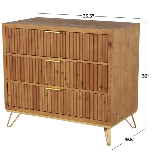 Brown Wooden Ribbed 1 Door and 3 Drawer Room Cabinet with Gold Metal Handles