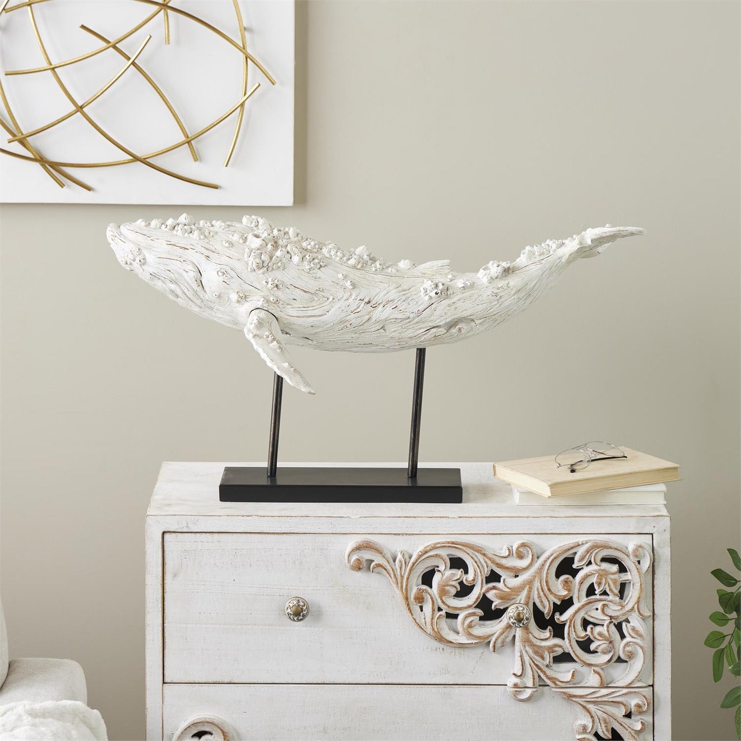 Cream Polystone Textured Decorative Sculpture with Brown Distressing and Black Metal Stand