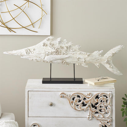 Cream Polystone Textured Decorative Sculpture with Brown Distressing and Black Metal Stand