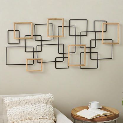 Black Metal Geometric Overlapping Wire Square Home Wall Decor with Gold Accents