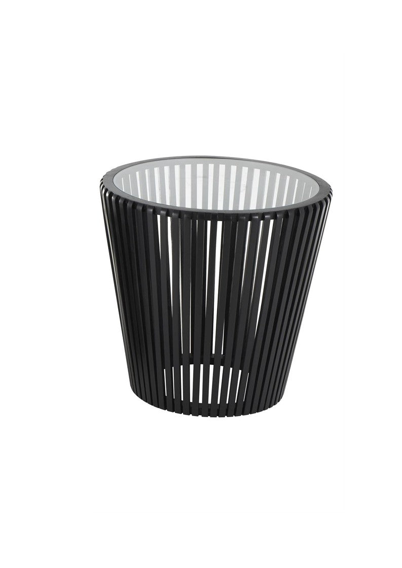 Black Wood Cage Inspired Side End Accent Table with Clear Glass Tabletop