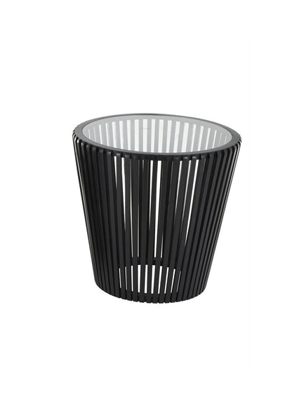 Black Wood Cage Inspired Side End Accent Table with Clear Glass Tabletop