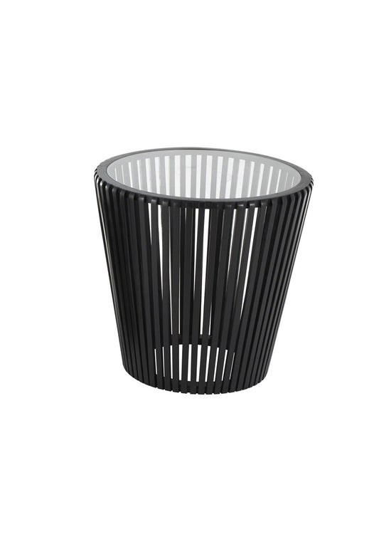 Black Wood Cage Inspired Side End Accent Table with Clear Glass Tabletop