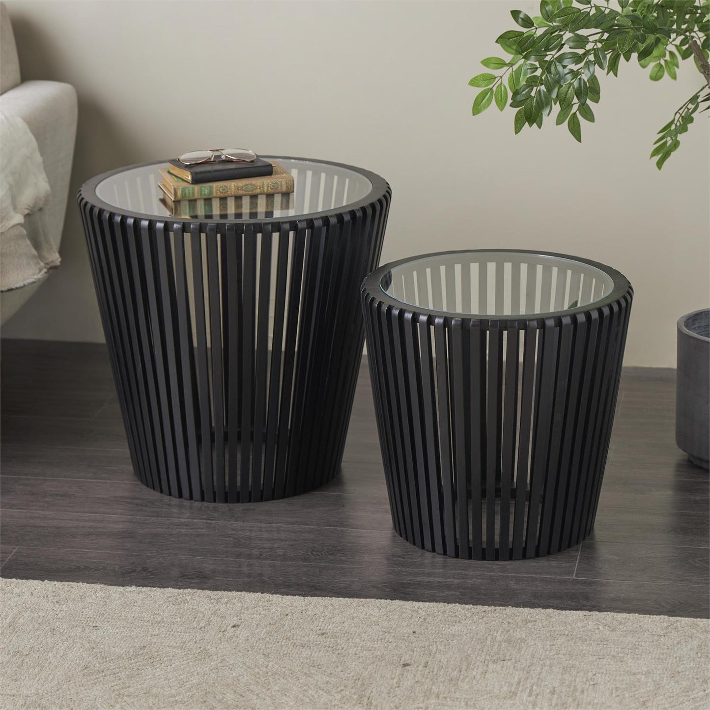 Black Wood Cage Inspired Side End Accent Table with Clear Glass Tabletop