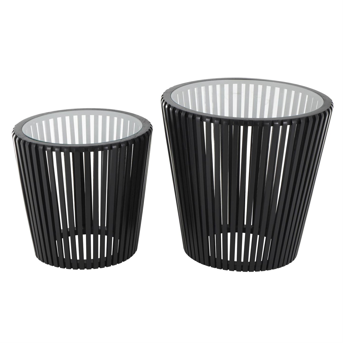 Black Wood Cage Inspired Side End Accent Table with Clear Glass Tabletop