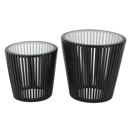 Black Wood Cage Inspired Side End Accent Table with Clear Glass Tabletop