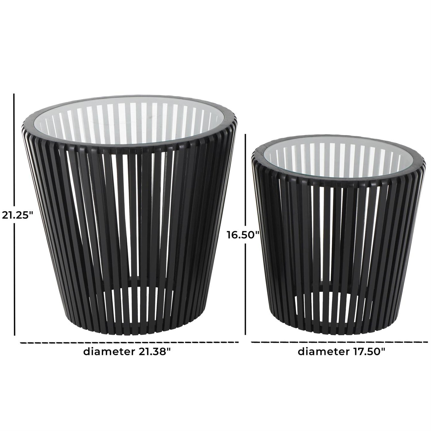Black Wood Cage Inspired Side End Accent Table with Clear Glass Tabletop