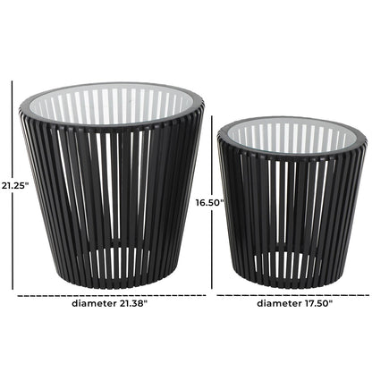 Black Wood Cage Inspired Side End Accent Table with Clear Glass Tabletop