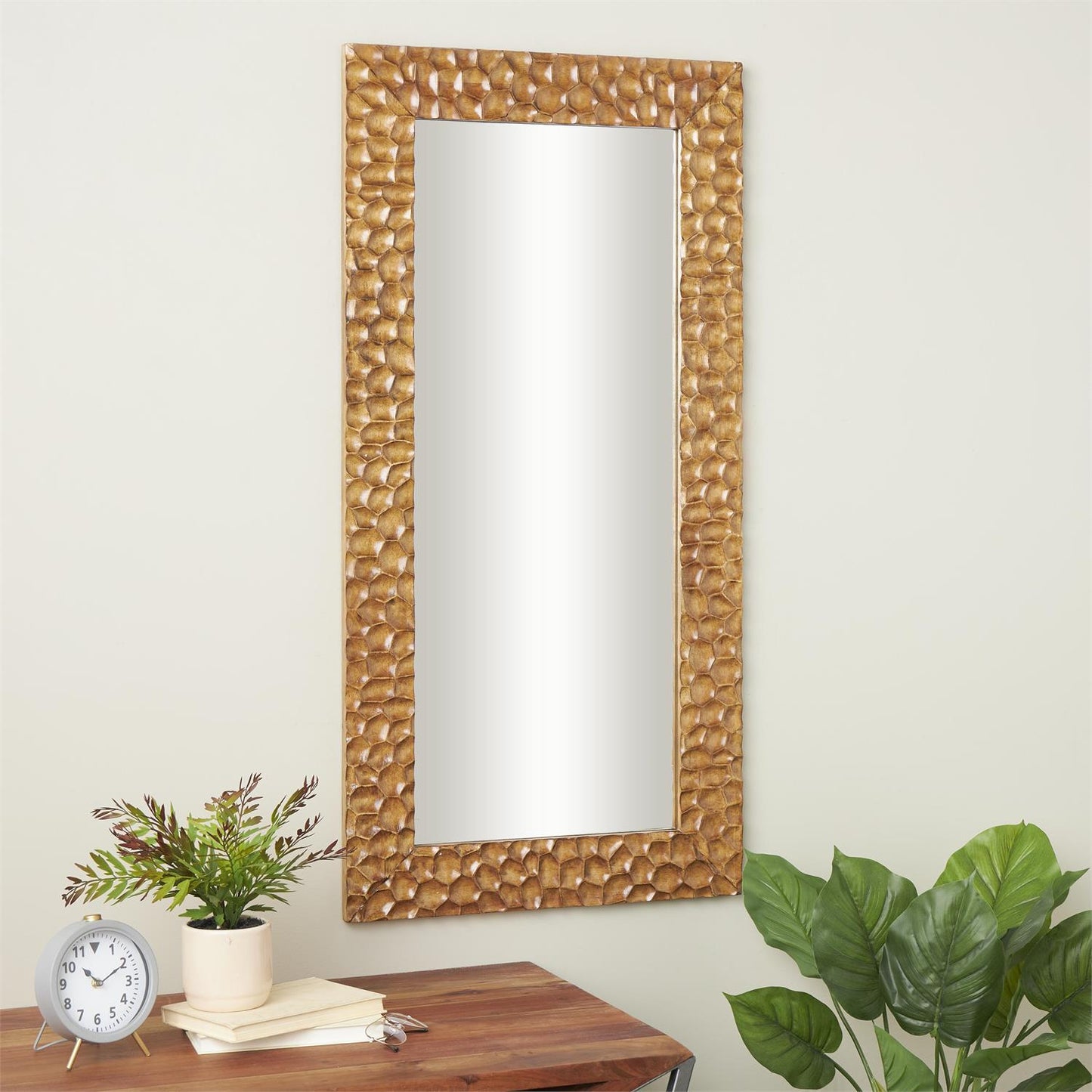 Brown Wood Geometric Textured Concave Honeycomb Room Floor Mirror
