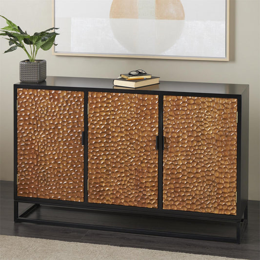 Brown Wooden Handmade Carved Pebbled 3 Door Media Credenza Sideboard with Black Metal Frame