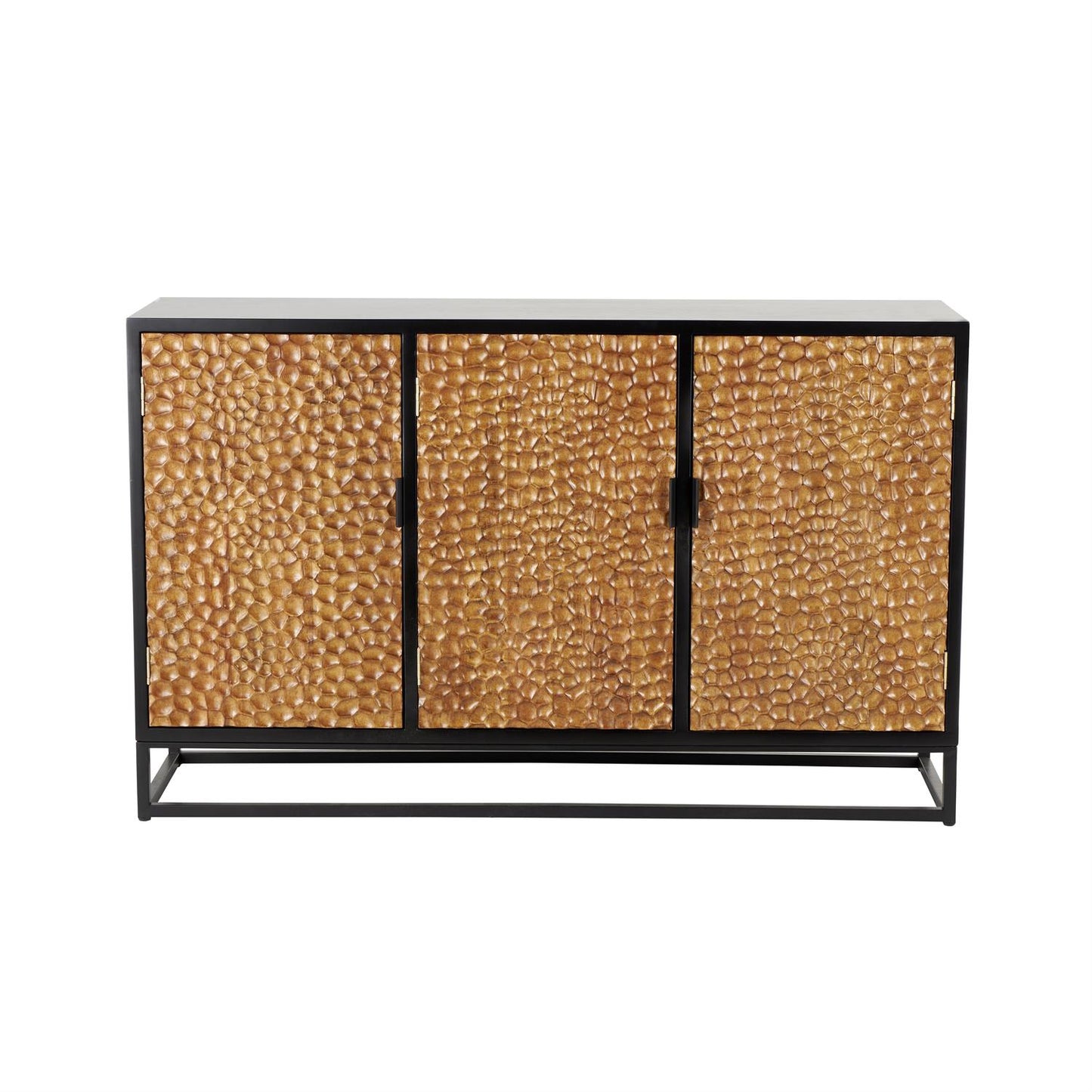 Brown Wooden Handmade Carved Pebbled 3 Door Media Credenza Sideboard with Black Metal Frame