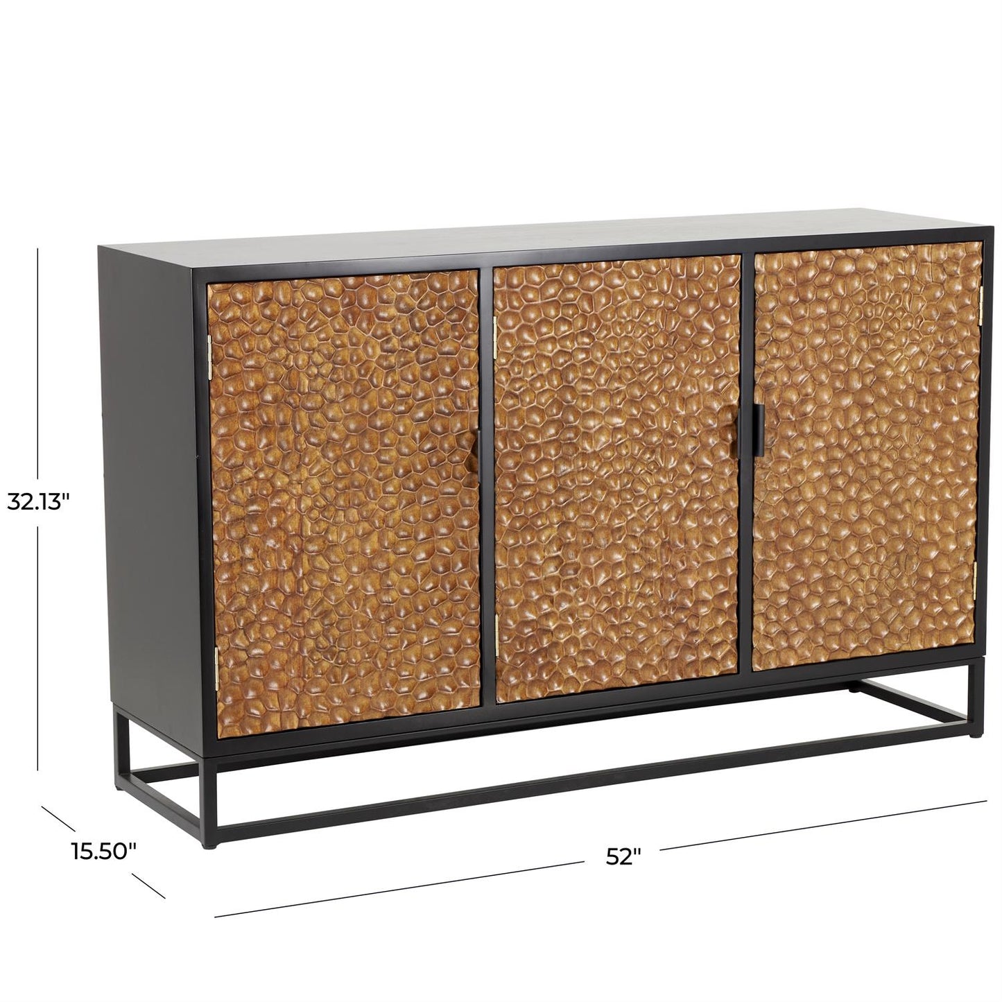 Brown Wooden Handmade Carved Pebbled 3 Door Media Credenza Sideboard with Black Metal Frame