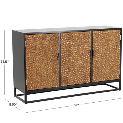Brown Wooden Handmade Carved Pebbled 3 Door Media Credenza Sideboard with Black Metal Frame