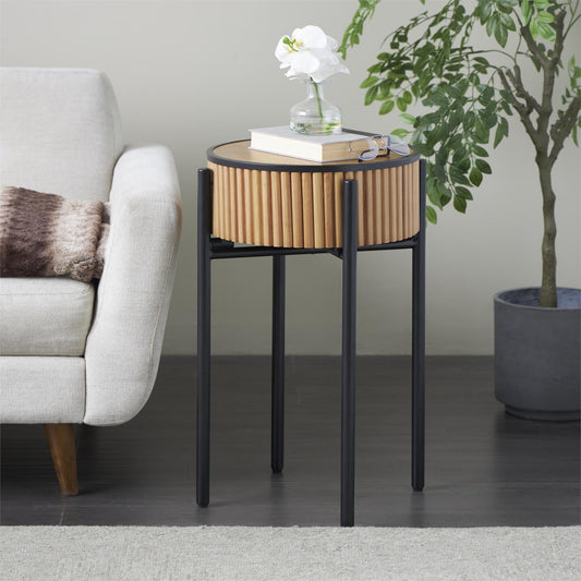 Brown Wood Drum Handmade Slatted Side End Accent Table with Black Metal Legs