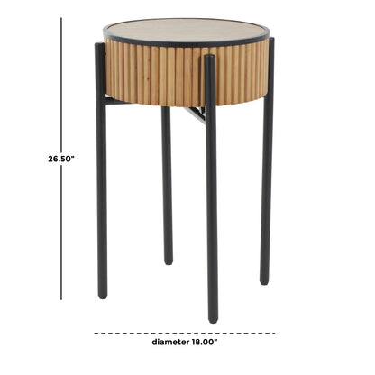 Brown Wood Drum Handmade Slatted Side End Accent Table with Black Metal Legs