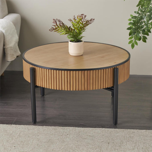 Brown Wood Drum Handmade Slatted Side End Accent Table with Black Metal Legs