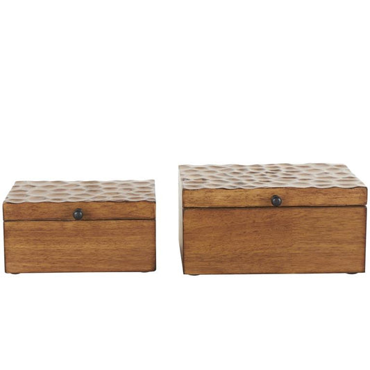 Brown Wood Geometric Textured Concave Honeycomb Storage Decorative Box with Black Knobs,