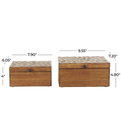 Brown Wood Geometric Textured Concave Honeycomb Storage Decorative Box with Black Knobs,
