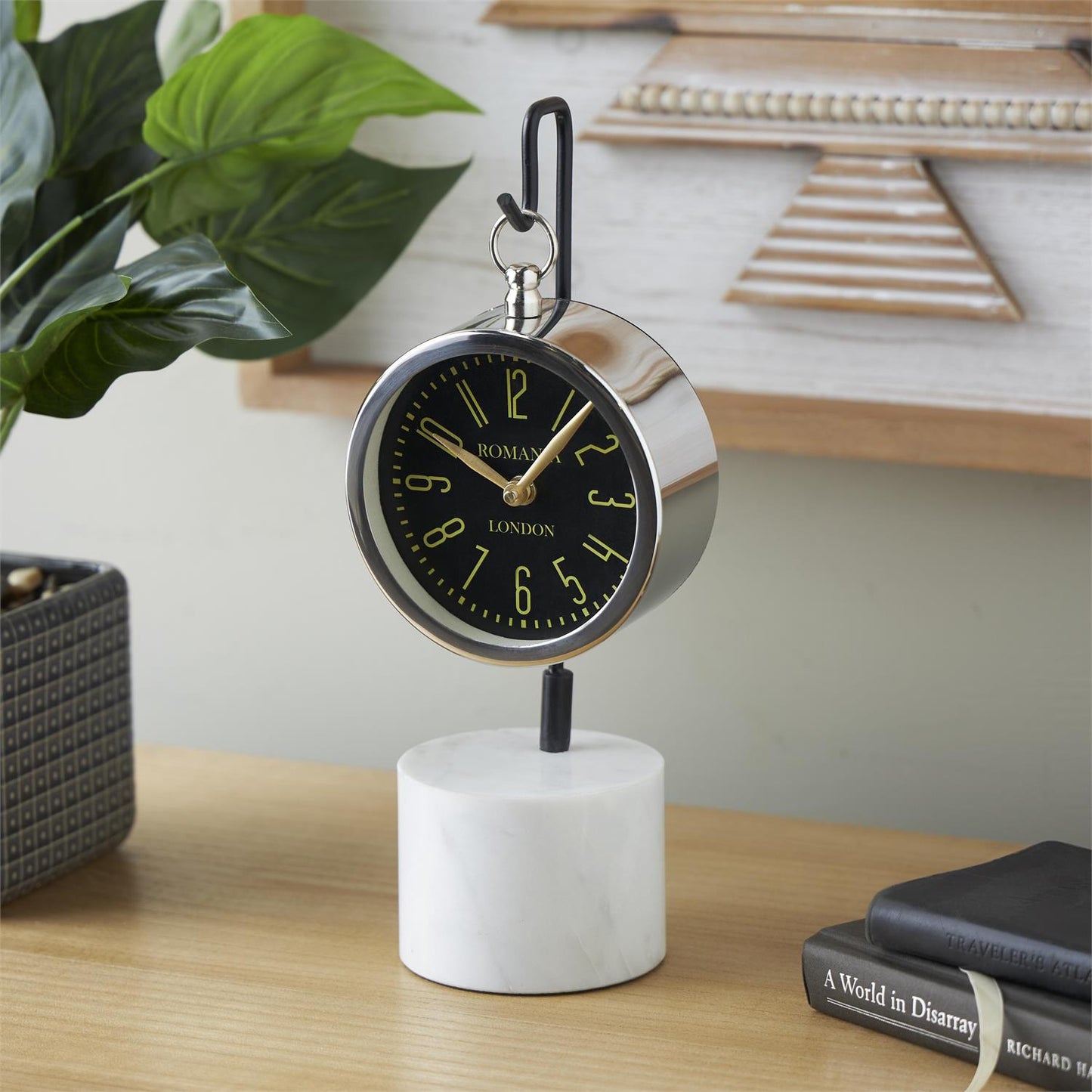 Silver Stainless Steel Metal Suspended Decorative Clock with Black and White Stand