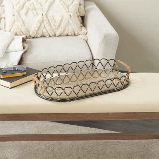 Black Metal Circular Woven Living Room Decor Tray