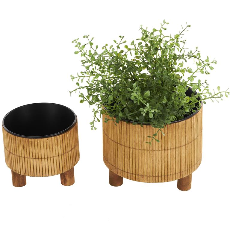 Brown Bamboo Wood Handmade Indoor Planter with Black Metal Interior