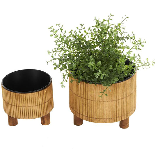 Brown Bamboo Wood Handmade Indoor Planter with Black Metal Interior