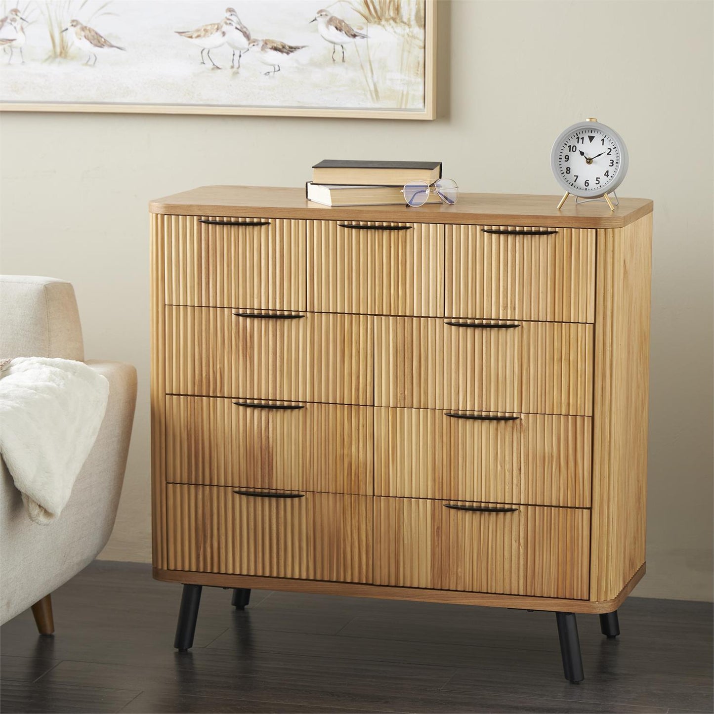 Brown Wood Ribbed 9 Drawer Room Chest
