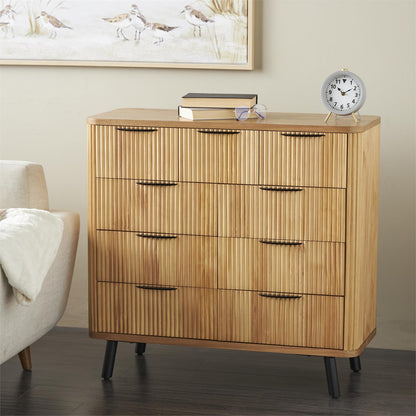 Brown Wood Ribbed 9 Drawer Room Chest