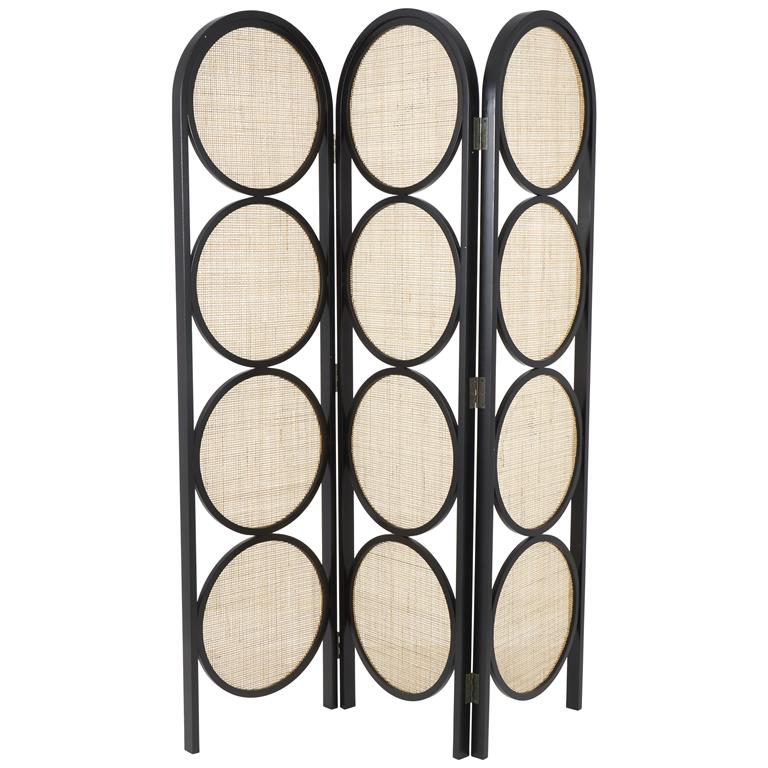 Black Wooden Geometric Handmade Arched Foldable 3 Panel Partition Room Divider Screen with Woven Cutouts