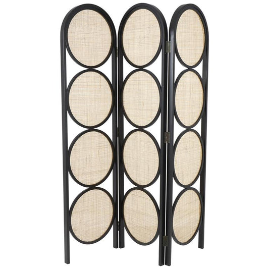Black Wooden Geometric Handmade Arched Foldable 3 Panel Partition Room Divider Screen with Woven Cutouts