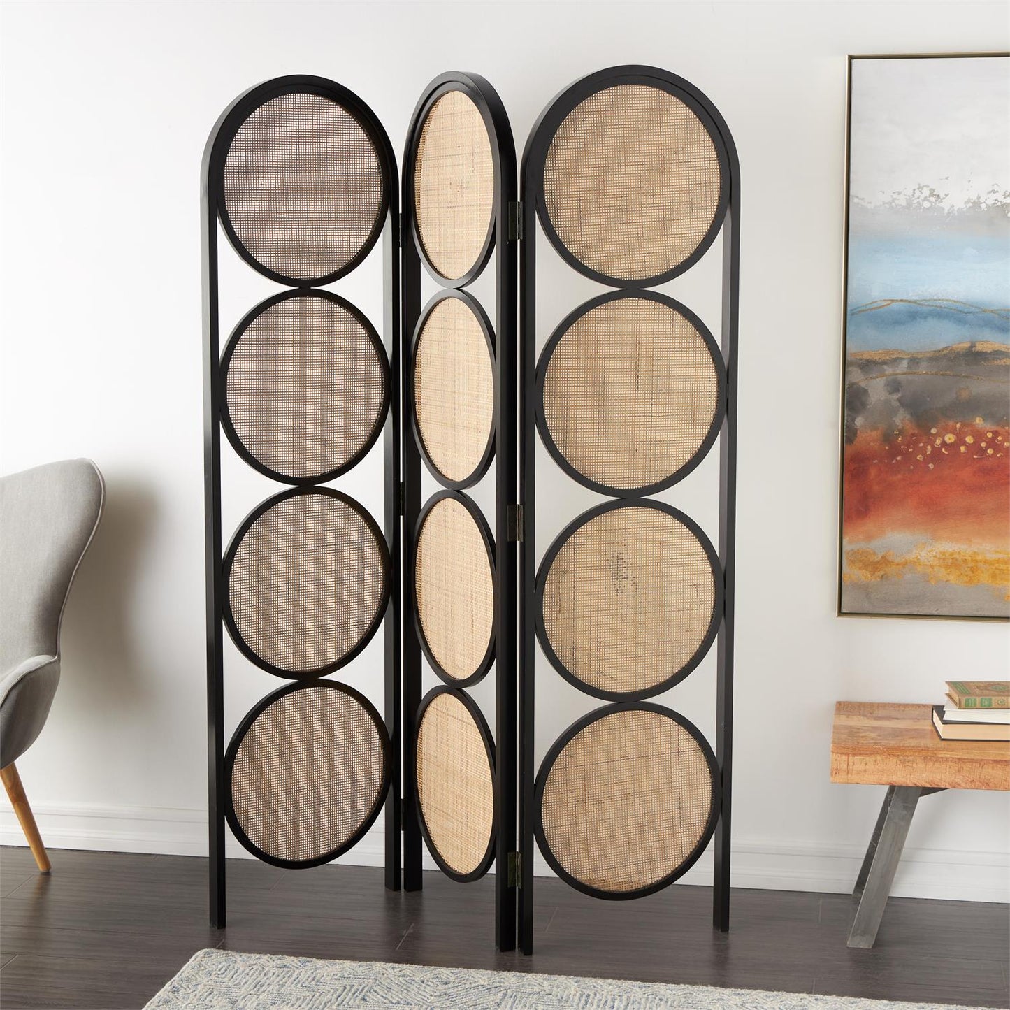 Black Wooden Geometric Handmade Arched Foldable 3 Panel Partition Room Divider Screen with Woven Cutouts