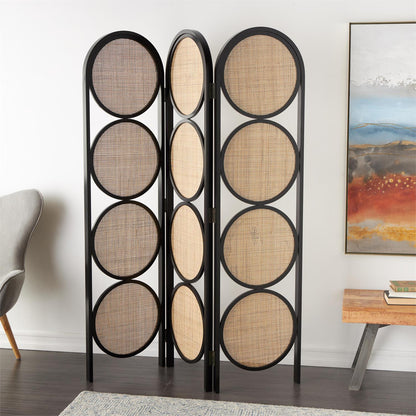 Black Wooden Geometric Handmade Arched Foldable 3 Panel Partition Room Divider Screen with Woven Cutouts