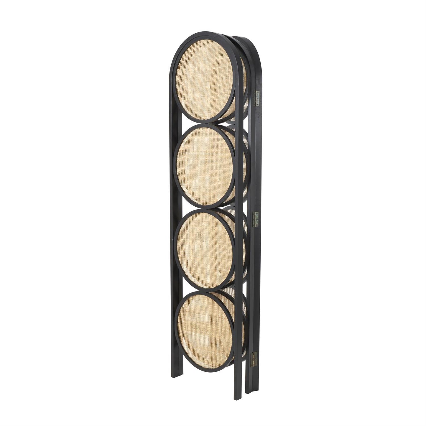 Black Wooden Geometric Handmade Arched Foldable 3 Panel Partition Room Divider Screen with Woven Cutouts