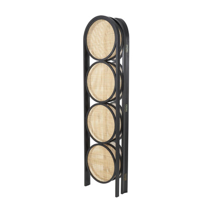 Black Wooden Geometric Handmade Arched Foldable 3 Panel Partition Room Divider Screen with Woven Cutouts