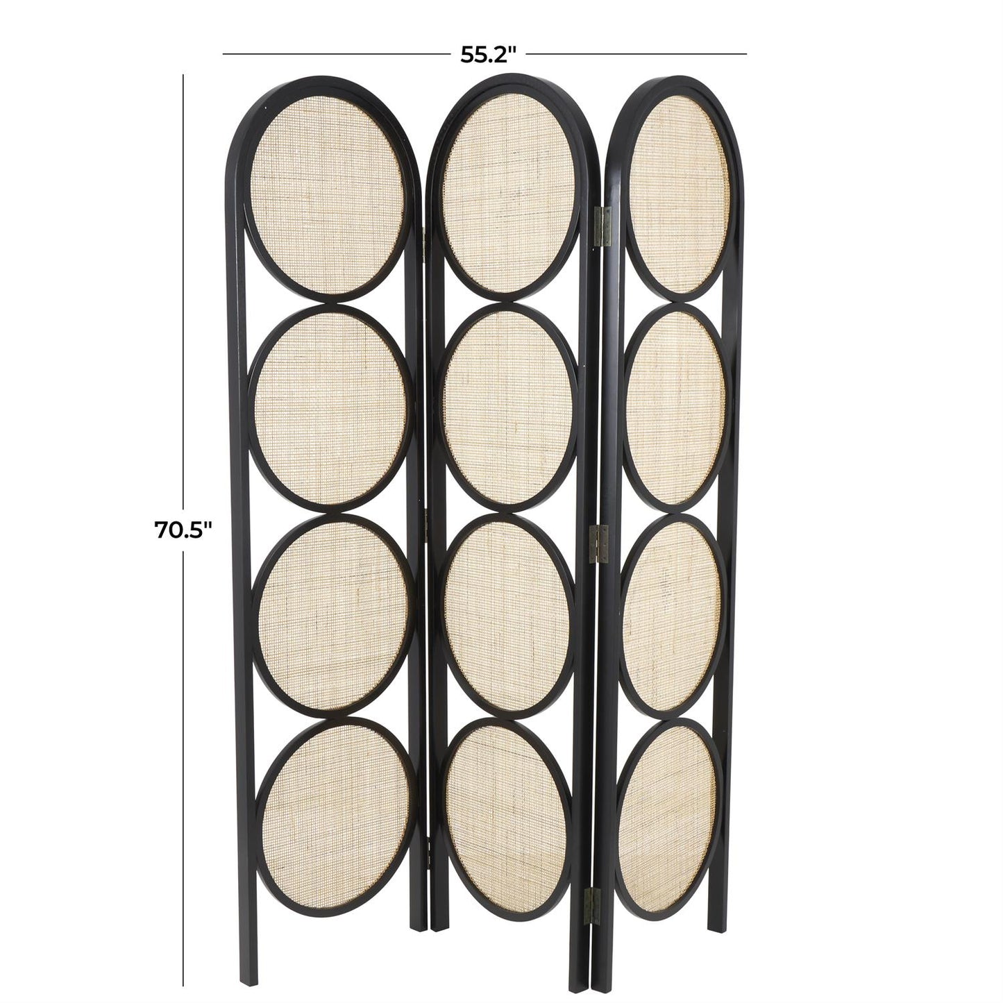 Black Wooden Geometric Handmade Arched Foldable 3 Panel Partition Room Divider Screen with Woven Cutouts