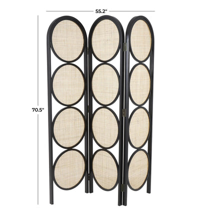 Black Wooden Geometric Handmade Arched Foldable 3 Panel Partition Room Divider Screen with Woven Cutouts
