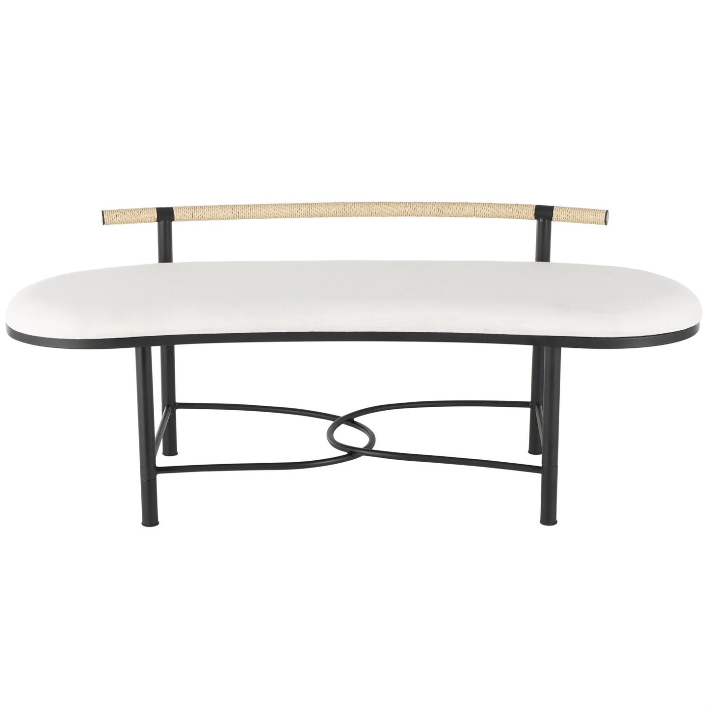 White Fabric Abstract Upholstered Oval Home Bench with Black Metal Frame and Rope Rod Backrest