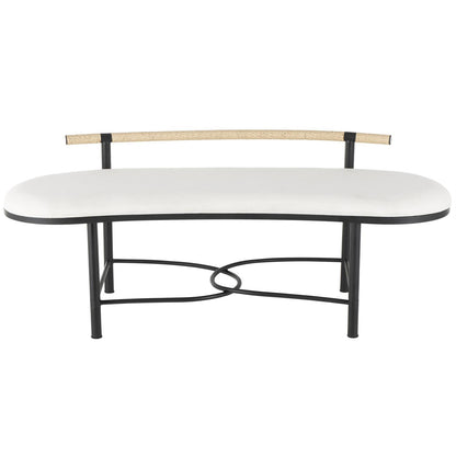 White Fabric Abstract Upholstered Oval Home Bench with Black Metal Frame and Rope Rod Backrest